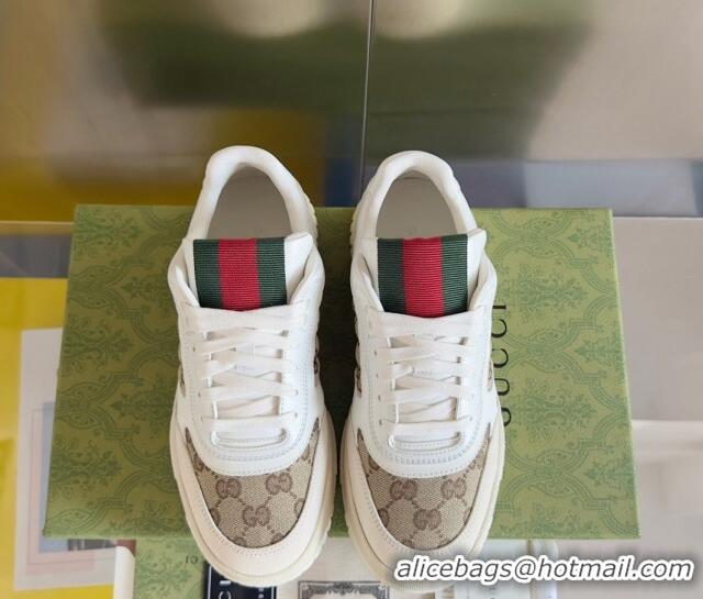 Top Grade Gucci Re-Web Sneakers in Leather and GG Canvas White/Beige 605151