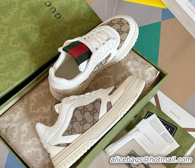 Top Grade Gucci Re-Web Sneakers in Leather and GG Canvas White/Beige 605151