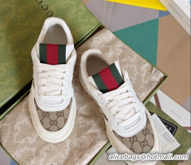 Top Grade Gucci Re-Web Sneakers in Leather and GG Canvas White/Beige 605151