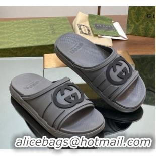 Luxury Discount Gucci Men's Rubber Interlocking G Flat Slides Sandal Grey 605158