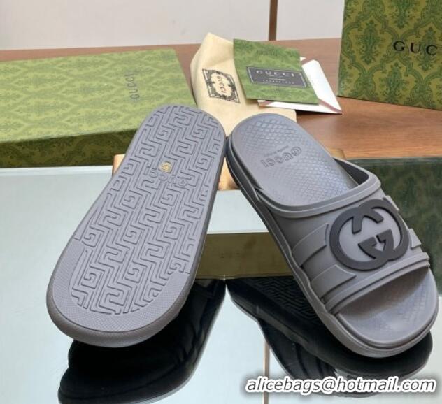 Luxury Discount Gucci Men's Rubber Interlocking G Flat Slides Sandal Grey 605158