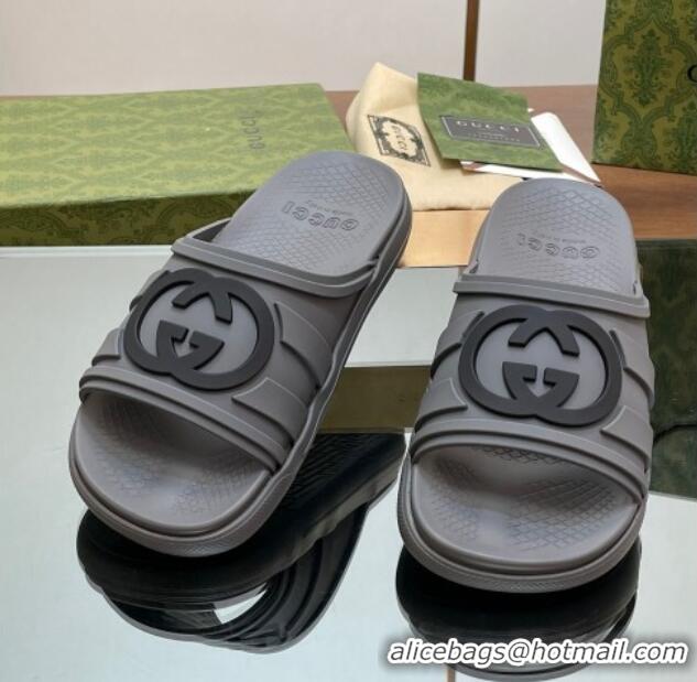 Luxury Discount Gucci Men's Rubber Interlocking G Flat Slides Sandal Grey 605158