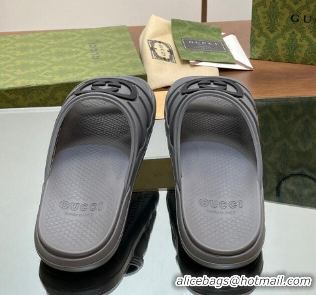 Luxury Discount Gucci Men's Rubber Interlocking G Flat Slides Sandal Grey 605158