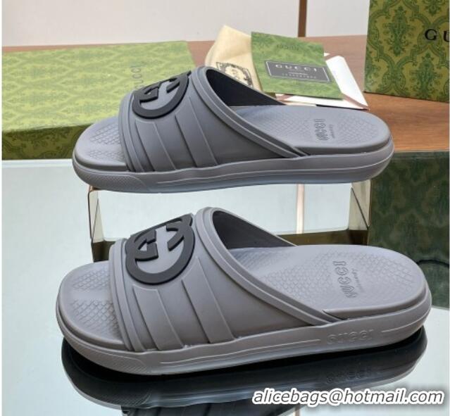 Luxury Discount Gucci Men's Rubber Interlocking G Flat Slides Sandal Grey 605158