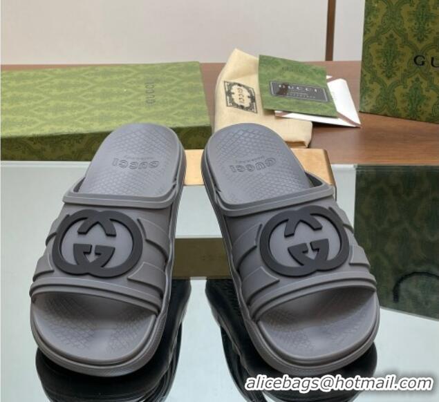 Luxury Discount Gucci Men's Rubber Interlocking G Flat Slides Sandal Grey 605158