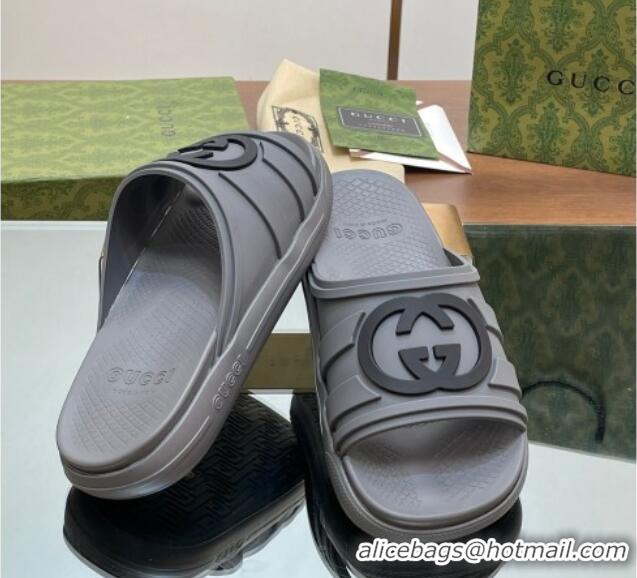 Luxury Discount Gucci Men's Rubber Interlocking G Flat Slides Sandal Grey 605158