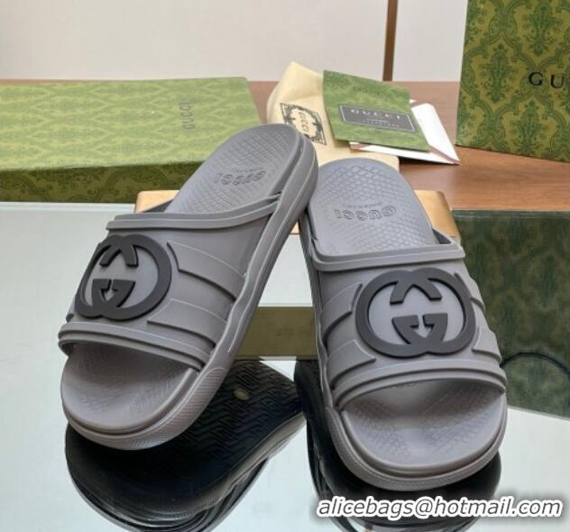 Luxury Discount Gucci Men's Rubber Interlocking G Flat Slides Sandal Grey 605158