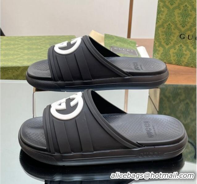 Luxury ucci Men's Rubber Interlocking G Flat Slides Sandal Black/White 605159