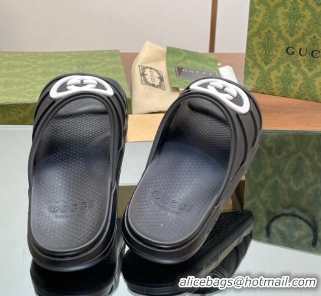 Luxury ucci Men's Rubber Interlocking G Flat Slides Sandal Black/White 605159