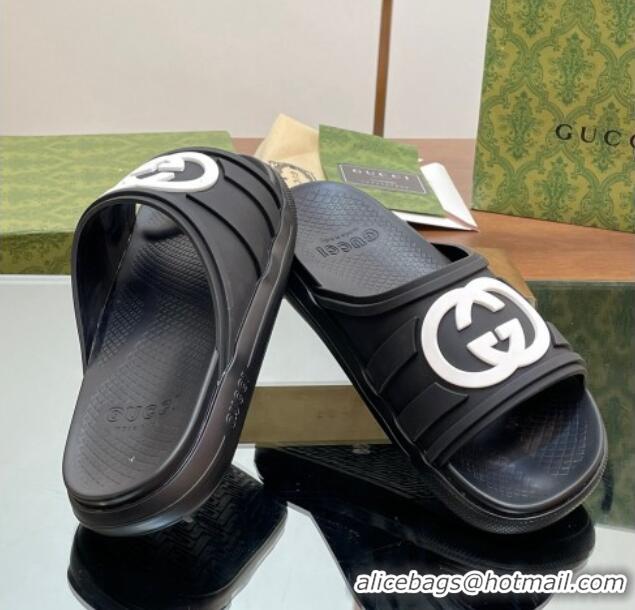 Luxury ucci Men's Rubber Interlocking G Flat Slides Sandal Black/White 605159