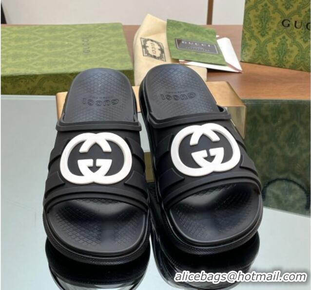 Luxury ucci Men's Rubber Interlocking G Flat Slides Sandal Black/White 605159