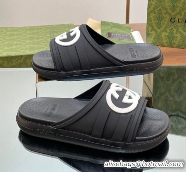 Luxury ucci Men's Rubber Interlocking G Flat Slides Sandal Black/White 605159