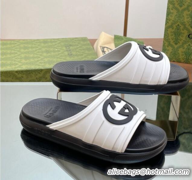 Hot Style Gucci Men's Rubber Interlocking G Flat Slides Sandal White/Black 605160