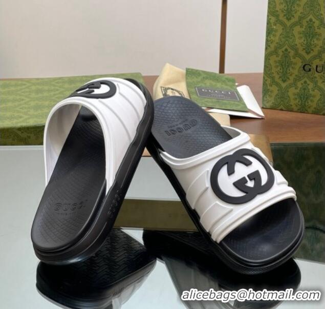 Hot Style Gucci Men's Rubber Interlocking G Flat Slides Sandal White/Black 605160