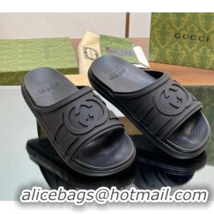 Low Cost Gucci Men's Rubber Interlocking G Flat Slides Sandal All Black 605161