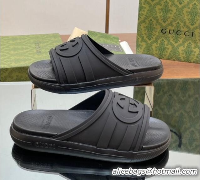 Low Cost Gucci Men's Rubber Interlocking G Flat Slides Sandal All Black 605161