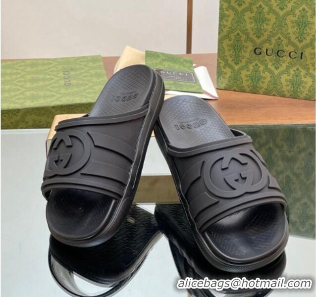 Low Cost Gucci Men's Rubber Interlocking G Flat Slides Sandal All Black 605161