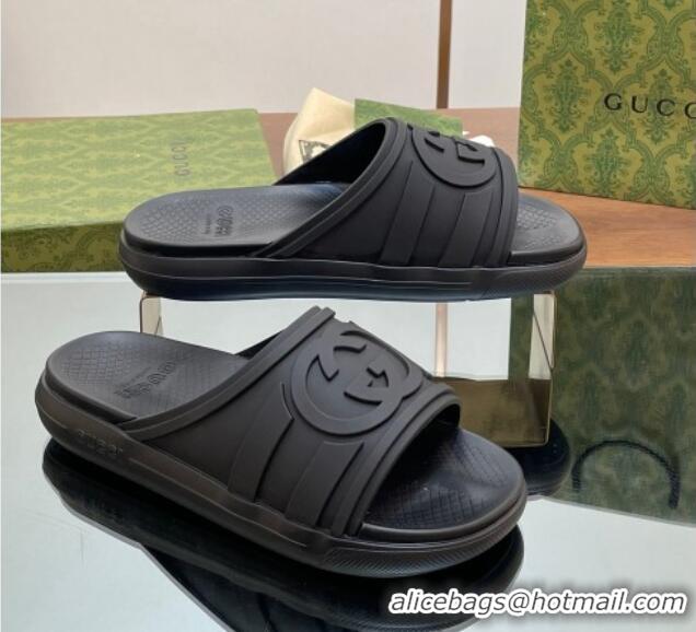 Low Cost Gucci Men's Rubber Interlocking G Flat Slides Sandal All Black 605161