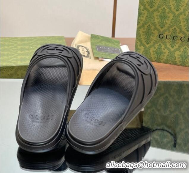 Low Cost Gucci Men's Rubber Interlocking G Flat Slides Sandal All Black 605161