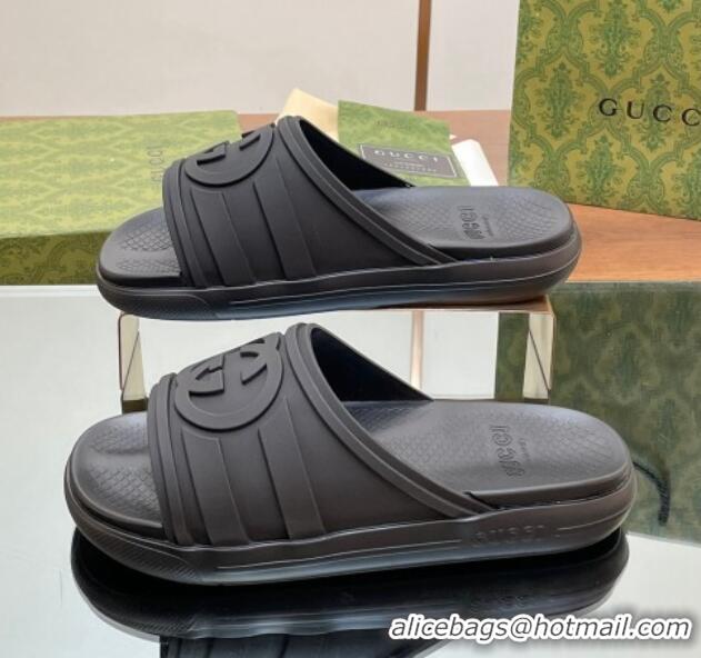 Low Cost Gucci Men's Rubber Interlocking G Flat Slides Sandal All Black 605161