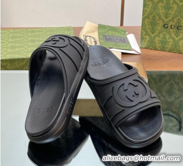 Low Cost Gucci Men's Rubber Interlocking G Flat Slides Sandal All Black 605161