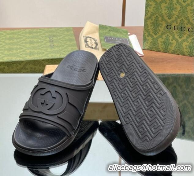 Low Cost Gucci Men's Rubber Interlocking G Flat Slides Sandal All Black 605161