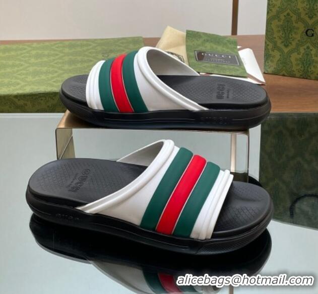 Charming Gucci Men's Rubber Web Flat Slides Sandal White 605163