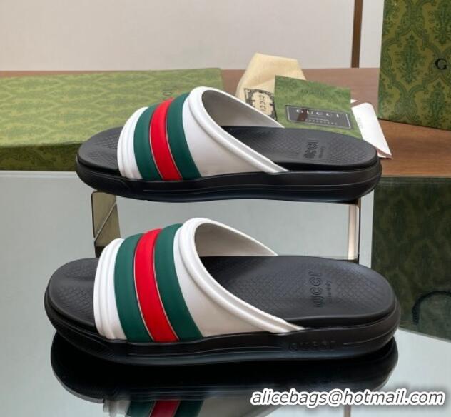 Charming Gucci Men's Rubber Web Flat Slides Sandal White 605163