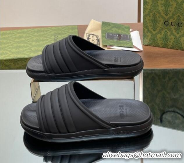 Best Grade Gucci Men's Rubber Web Flat Slides Sandal All Black 605164