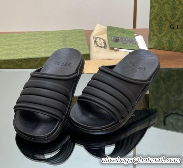 Best Grade Gucci Men's Rubber Web Flat Slides Sandal All Black 605164