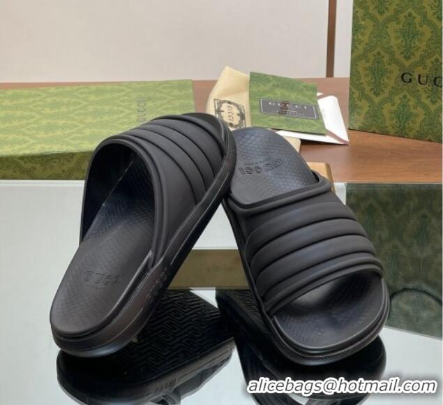 Best Grade Gucci Men's Rubber Web Flat Slides Sandal All Black 605164