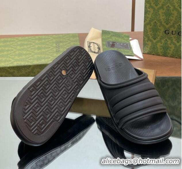 Best Grade Gucci Men's Rubber Web Flat Slides Sandal All Black 605164