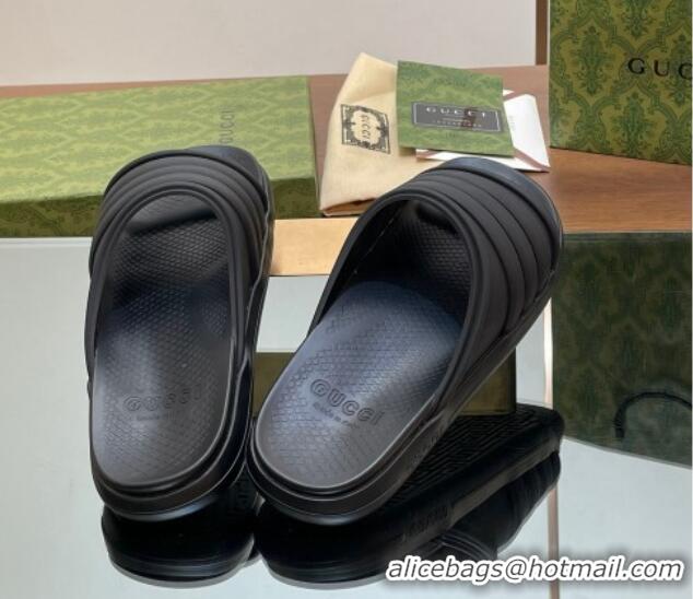 Best Grade Gucci Men's Rubber Web Flat Slides Sandal All Black 605164