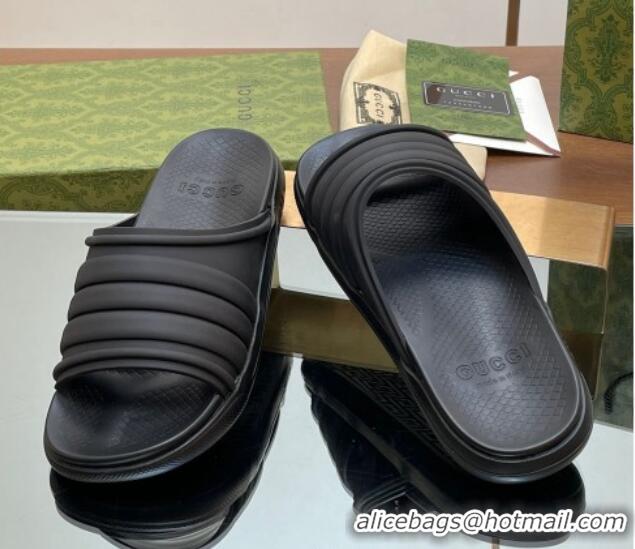 Best Grade Gucci Men's Rubber Web Flat Slides Sandal All Black 605164