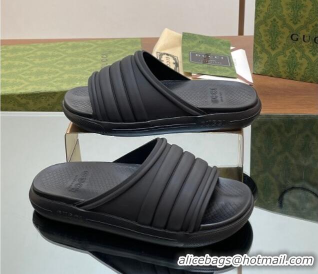 Best Grade Gucci Men's Rubber Web Flat Slides Sandal All Black 605164