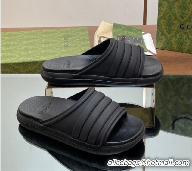 Best Grade Gucci Men's Rubber Web Flat Slides Sandal All Black 605164