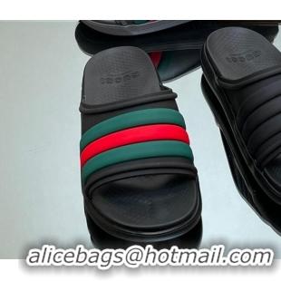 Lower Price Gucci Men's Rubber Web Flat Slides Sandal Black/Web 605165