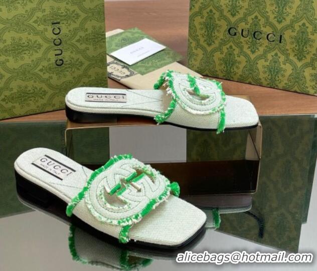 Grade Gucci Interlocking G Flat Slide Sandals in Frayed Canvas with Fringe Green 605166