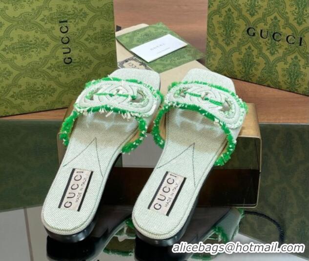 Grade Gucci Interlocking G Flat Slide Sandals in Frayed Canvas with Fringe Green 605166