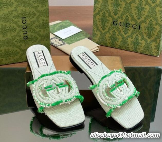 Grade Gucci Interlocking G Flat Slide Sandals in Frayed Canvas with Fringe Green 605166