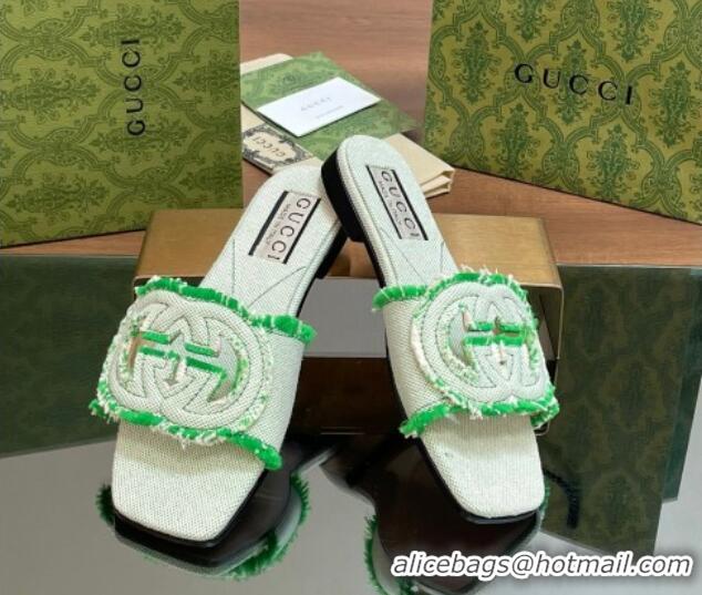 Grade Gucci Interlocking G Flat Slide Sandals in Frayed Canvas with Fringe Green 605166