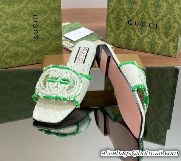 Grade Gucci Interlocking G Flat Slide Sandals in Frayed Canvas with Fringe Green 605166