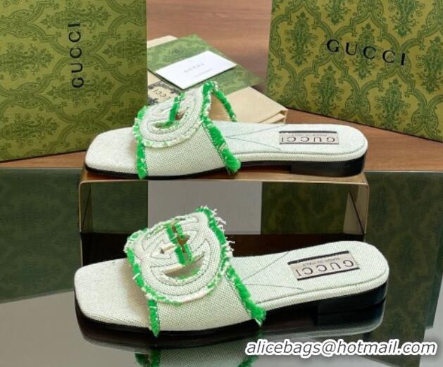 Grade Gucci Interlocking G Flat Slide Sandals in Frayed Canvas with Fringe Green 605166