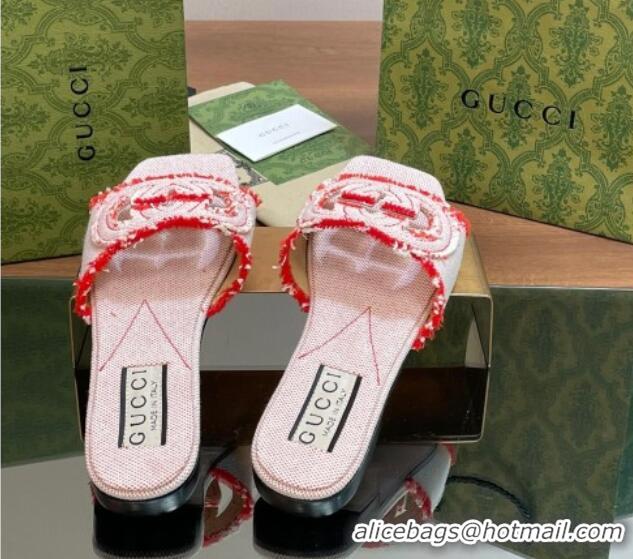 Sumptuous Gucci Interlocking G Flat Slide Sandals in Frayed Canvas with Fringe Red 605167