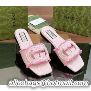 Top Design Gucci Interlocking G Flat Slide Sandals in Frayed Canvas with Fringe Light Pink 605168