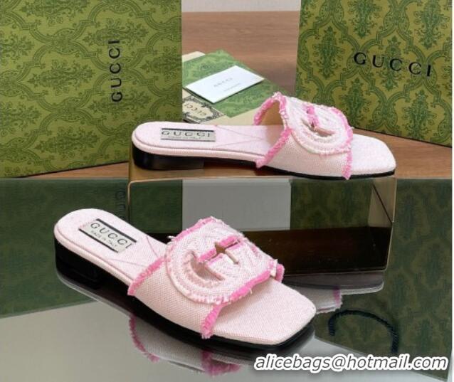 Top Design Gucci Interlocking G Flat Slide Sandals in Frayed Canvas with Fringe Light Pink 605168