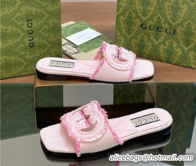 Top Design Gucci Interlocking G Flat Slide Sandals in Frayed Canvas with Fringe Light Pink 605168