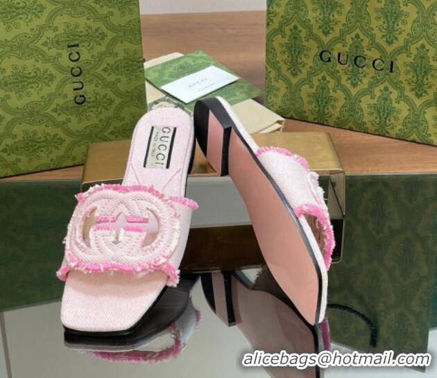 Top Design Gucci Interlocking G Flat Slide Sandals in Frayed Canvas with Fringe Light Pink 605168