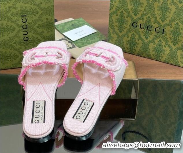 Top Design Gucci Interlocking G Flat Slide Sandals in Frayed Canvas with Fringe Light Pink 605168