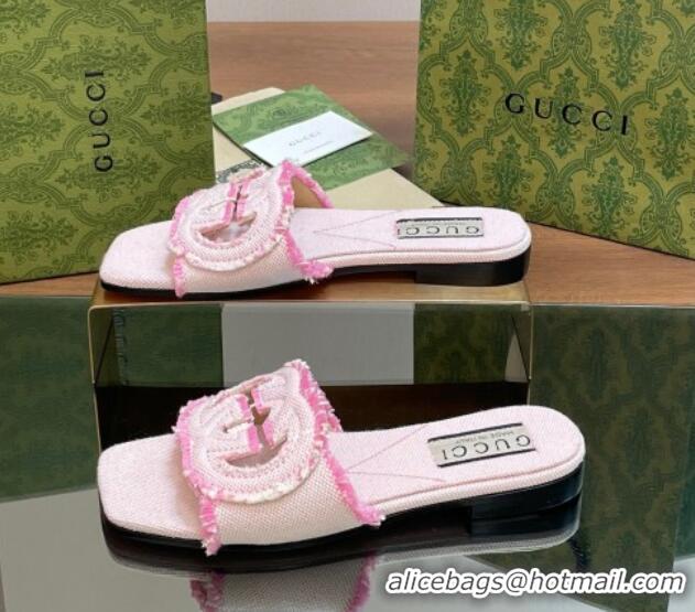 Top Design Gucci Interlocking G Flat Slide Sandals in Frayed Canvas with Fringe Light Pink 605168